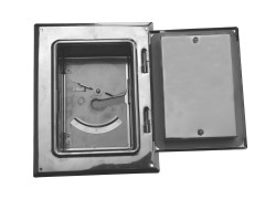 Komínová dvířka nerezová malá 210x140mm s ochranými dvířky proti sazím a posuv.hrdlem 70mm